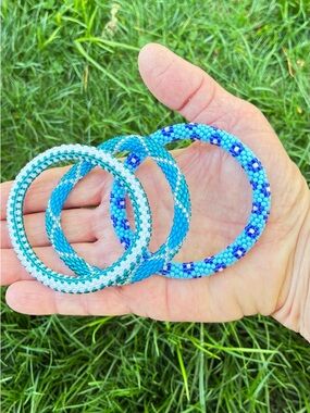 Sashka Bracelet 3PC Blue White Silver Fair Trade Beaded Bracelets Boho Stacked